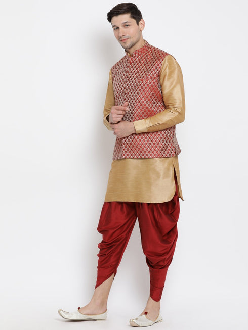 VASTRAMAY Men's Maroon Silk Blend Jacket With Curved Kurta Dhoti Set