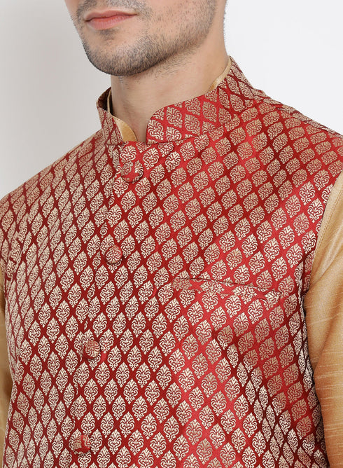 VASTRAMAY Men's Maroon Silk Blend Jacket With Curved Kurta Dhoti Set