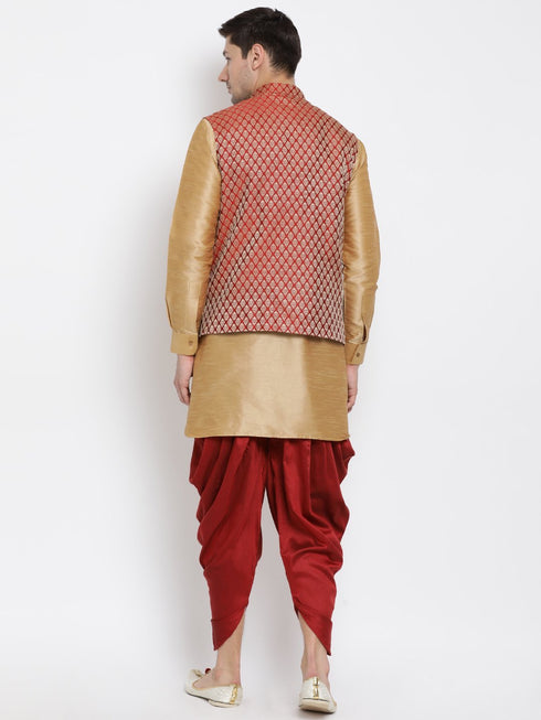 VASTRAMAY Men's Maroon Silk Blend Jacket With Curved Kurta Dhoti Set