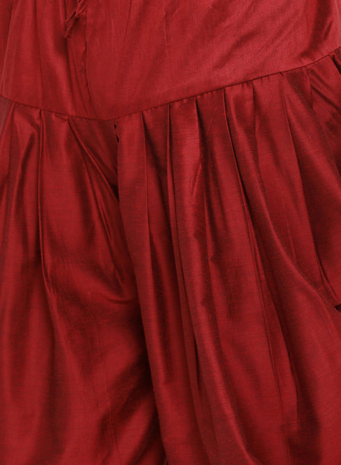 VASTRAMAY Men's Maroon Silk Blend Jacket With Curved Kurta Dhoti Set