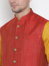 VASTRAMAY Men's Yellow Cotton Blend Kurta, Ethnic Jacket and Pyjama Set