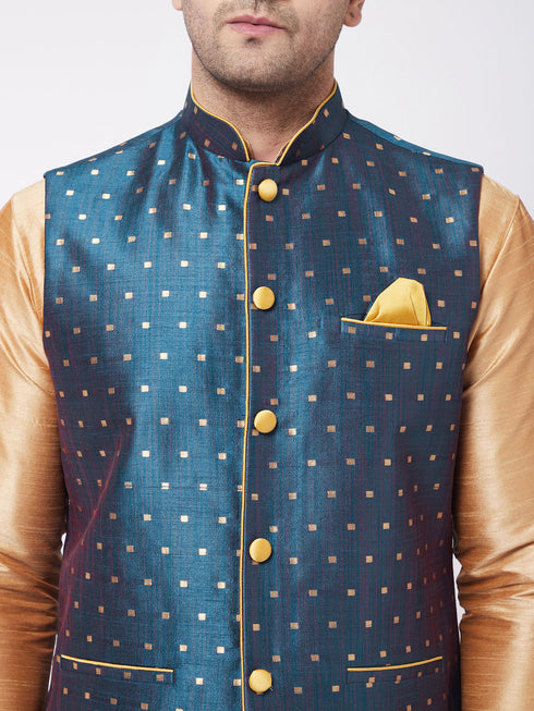 Vastramay Men's Blue Zari Weaved Jacket With Kurta Dhoti Set
