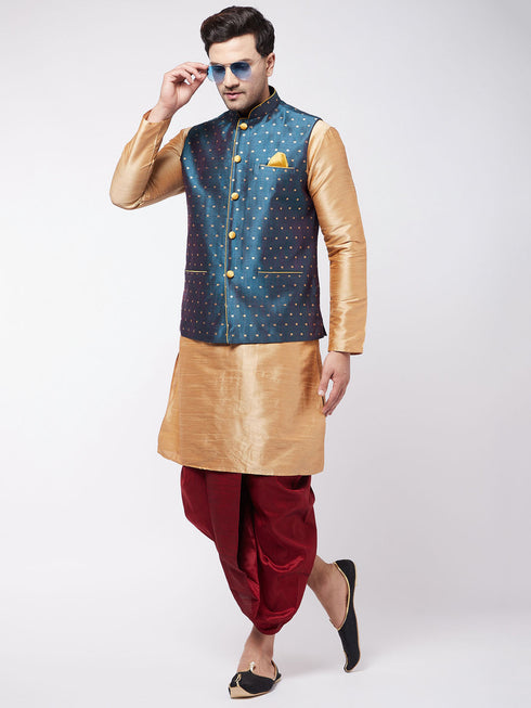 Vastramay Men's Blue Zari Weaved Jacket With Kurta Dhoti Set
