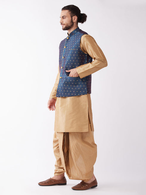 Vastramay Men's Blue Zari Weaved Jacket With Kurta Dhoti Set