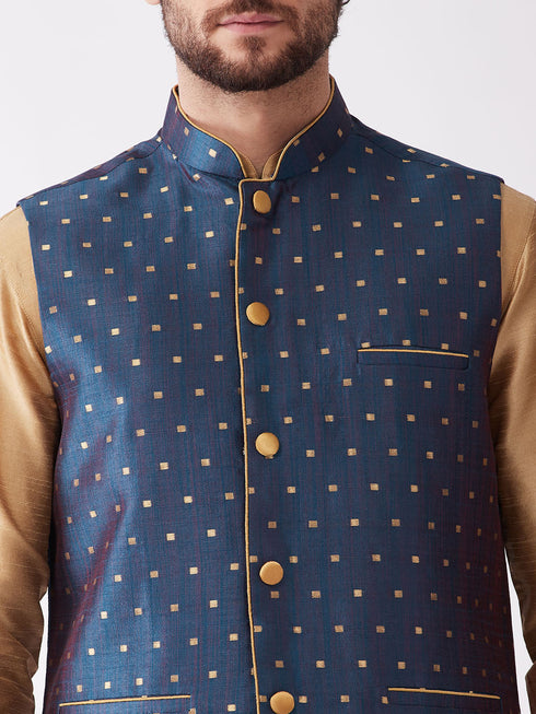Vastramay Men's Blue Zari Weaved Jacket With Kurta Dhoti Set
