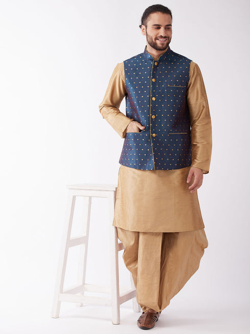 Vastramay Men's Blue Zari Weaved Jacket With Kurta Dhoti Set
