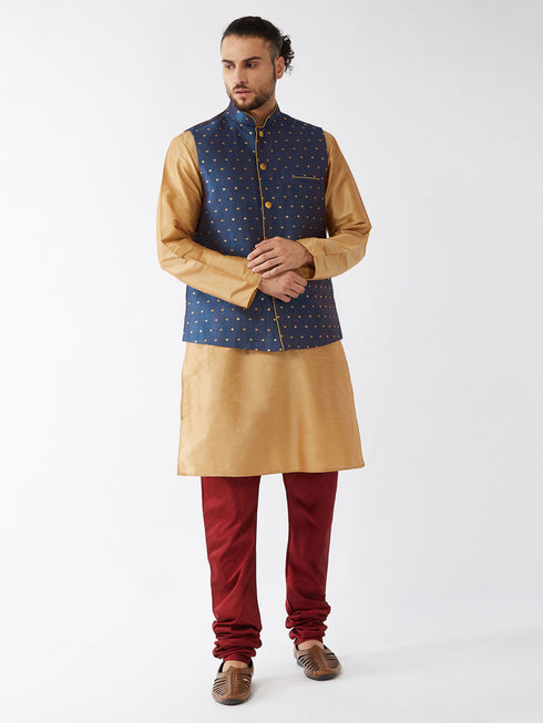 Vastramay Men's Blue Zari Weaved Jacket With Kurta Pyjama Set
