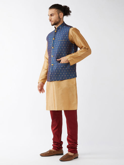Vastramay Men's Blue Zari Weaved Jacket With Kurta Pyjama Set