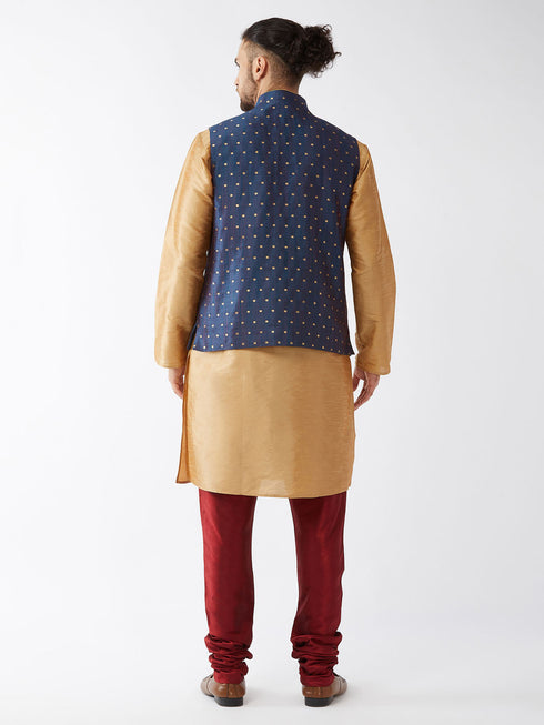 Vastramay Men's Blue Zari Weaved Jacket With Kurta Pyjama Set