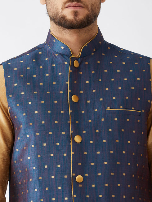 Vastramay Men's Blue Zari Weaved Jacket With Kurta Pyjama Set