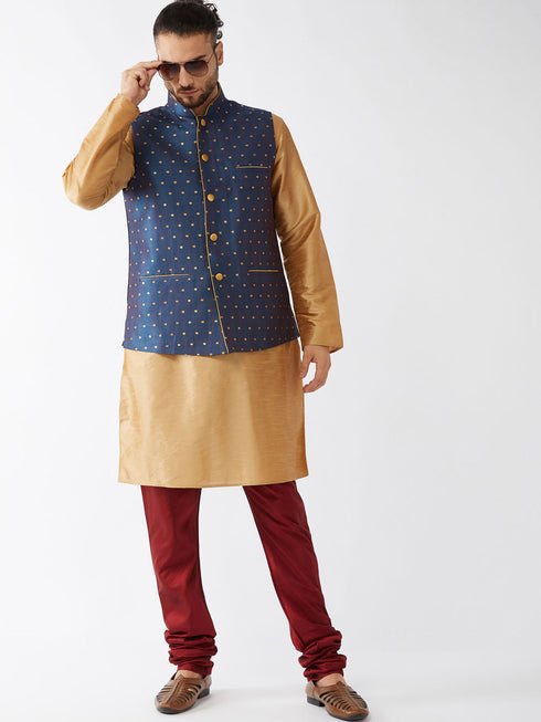 Vastramay Men's Blue Zari Weaved Jacket With Kurta Pyjama Set