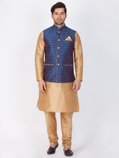 Vastramay Rose Gold and Navy Blue Silk Blend Baap Beta Jacket Kurta Pyjama set