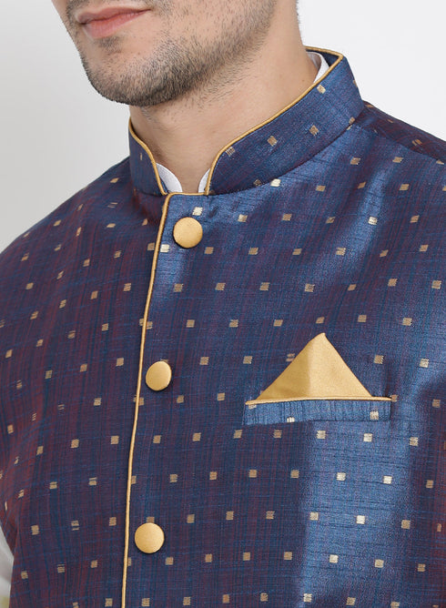Vastramay Men's Blue Zari Weaved Jacket With Kurta Pyjama Set