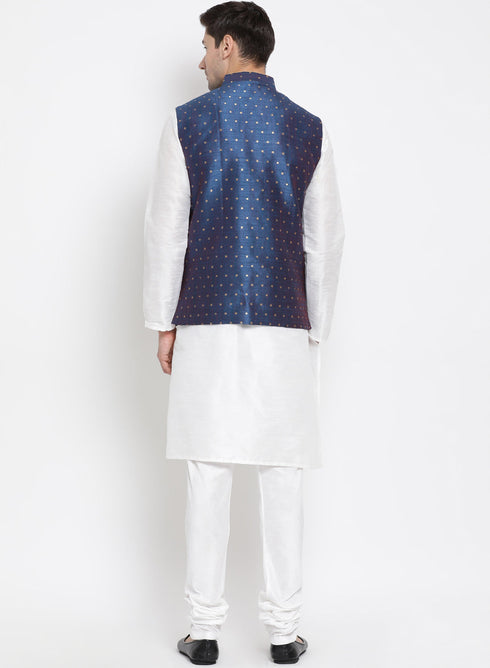 Vastramay Men's Blue Zari Weaved Jacket With Kurta Pyjama Set
