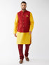 Vastramay Men's Maroon Zari Weaved Jacket With Kurta Pyjama Set