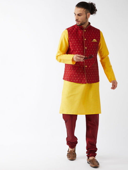 Vastramay Men's Maroon Zari Weaved Jacket With Kurta Pyjama Set