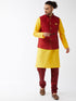 Vastramay Men's Maroon Zari Weaved Jacket With Kurta Pyjama Set