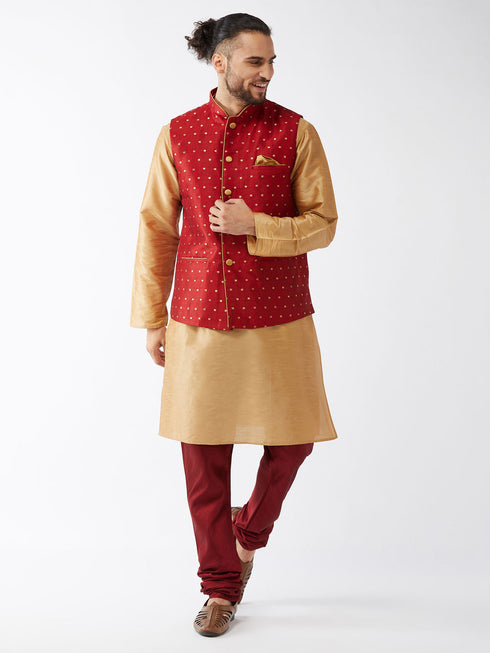 Vastramay Men's Maroon Zari Weaved Jacket With Kurta Pyjama Set