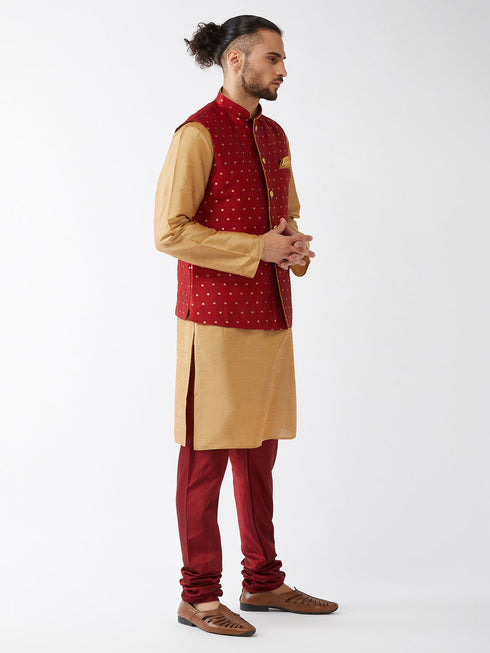 Vastramay Men's Maroon Zari Weaved Jacket With Kurta Pyjama Set