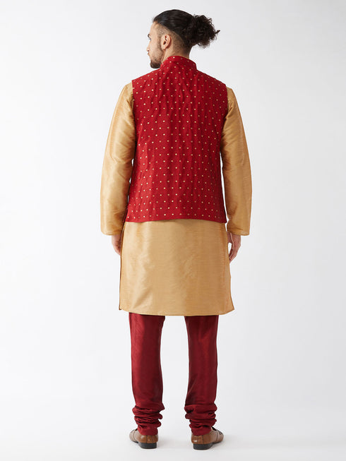 Vastramay Men's Maroon Zari Weaved Jacket With Kurta Pyjama Set