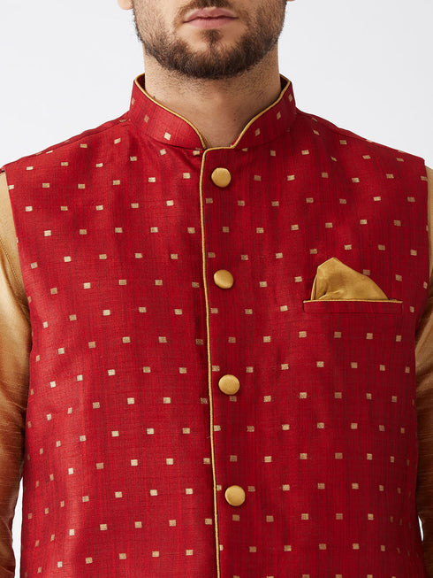 Vastramay Men's Maroon Zari Weaved Jacket With Kurta Pyjama Set