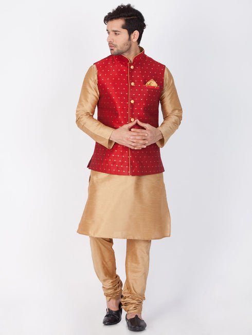 Vastramay Maroon and Rose Gold Silk Blend Baap Beta Jacket Kurta Pyjama set