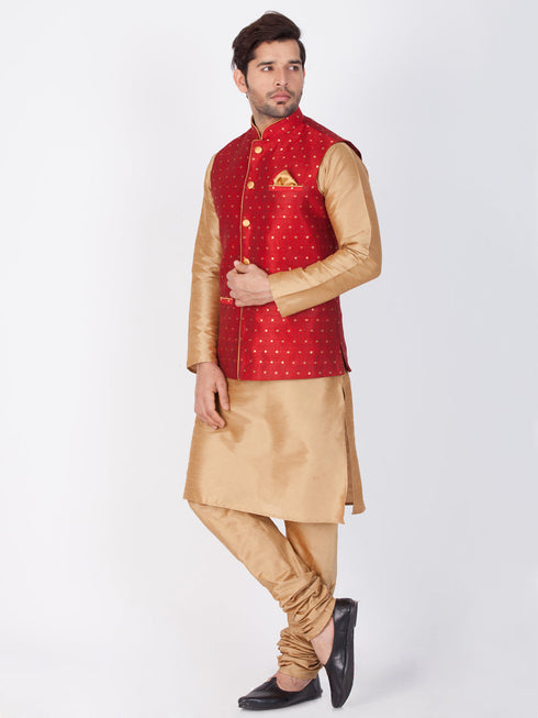 Vastramay Maroon and Rose Gold Silk Blend Baap Beta Jacket Kurta Pyjama set