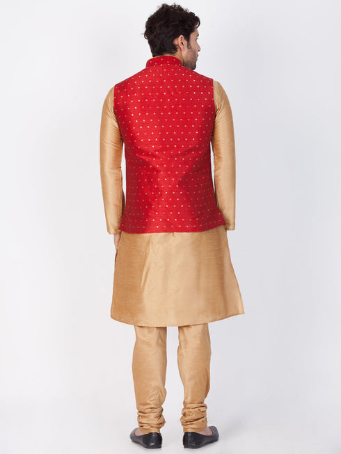 Vastramay Maroon and Rose Gold Silk Blend Baap Beta Jacket Kurta Pyjama set