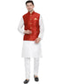 Vastramay Men's Maroon Zari Weaved Jacket With Kurta Pyjama Set