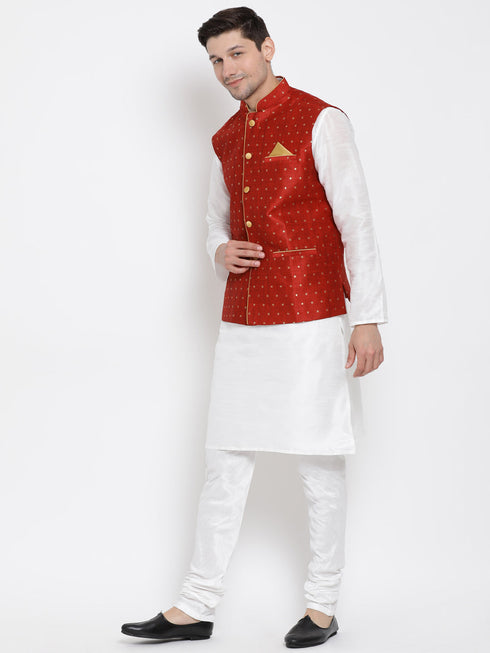 Vastramay Men's Maroon Zari Weaved Jacket With Kurta Pyjama Set