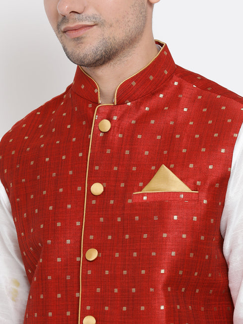 Vastramay Men's Maroon Zari Weaved Jacket With Kurta Pyjama Set