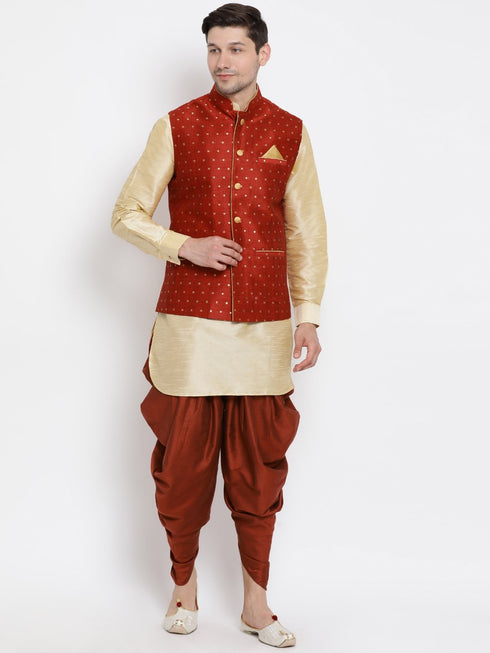 VM By VASTRAMAY Men's Maroon Zari Weaved Jacket With Kurta Dhoti Set