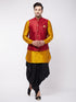 Vastramay Men's Maroon Zari Weaved Jacket With Kurta Dhoti Set