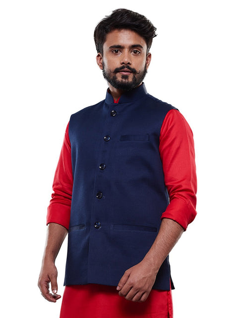 VASTRAMAY Men's Blue Cotton Blend Waist Coat