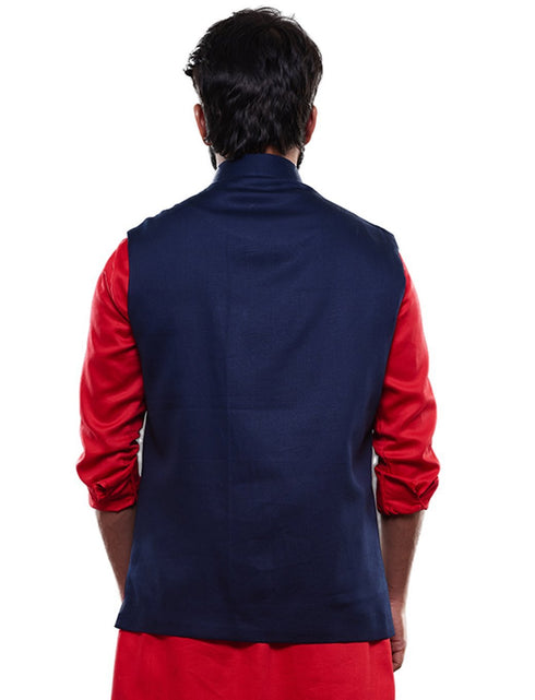VASTRAMAY Men's Blue Cotton Blend Waist Coat