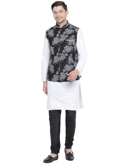 Vastramay Men's White Cotton Blend Kurta, Ethnic Jacket and Pyjama Set
