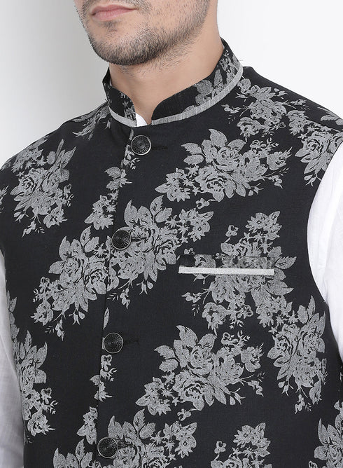 Vastramay Men's White Cotton Blend Kurta, Ethnic Jacket and Pyjama Set