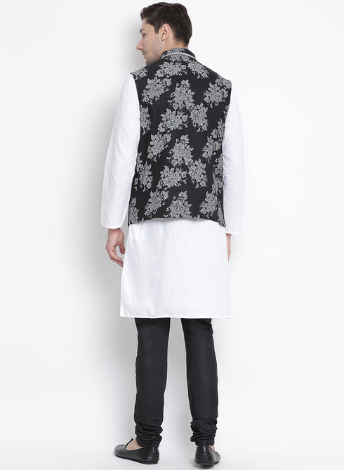 Vastramay Men's White Cotton Blend Kurta, Ethnic Jacket and Pyjama Set