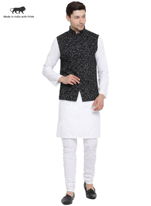 Vastramay Men's White Cotton Blend Kurta, Ethnic Jacket and Pyjama Set