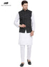 Vastramay Men's White Cotton Blend Kurta, Ethnic Jacket and Pyjama Set
