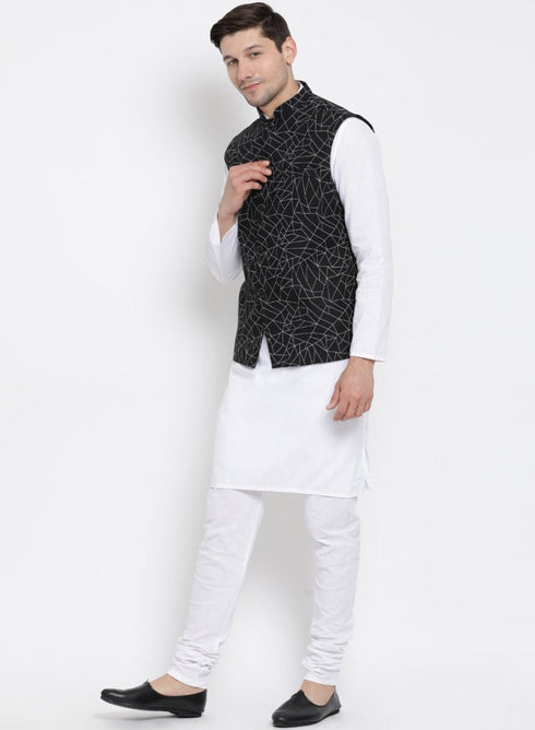 Vastramay Men's White Cotton Blend Kurta, Ethnic Jacket and Pyjama Set