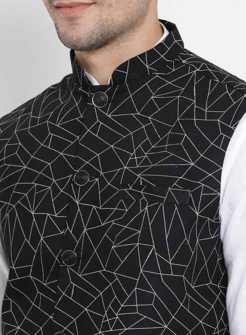 Vastramay Men's White Cotton Blend Kurta, Ethnic Jacket and Pyjama Set