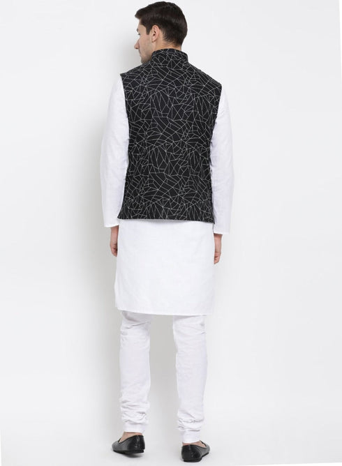 Vastramay Men's White Cotton Blend Kurta, Ethnic Jacket and Pyjama Set