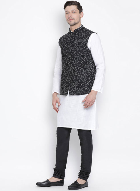 Vastramay Men's White Cotton Blend Kurta, Ethnic Jacket and Pyjama Set