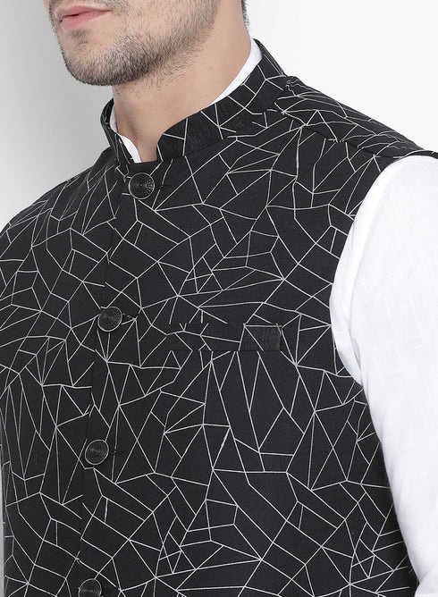 Vastramay Men's White Cotton Blend Kurta, Ethnic Jacket and Pyjama Set