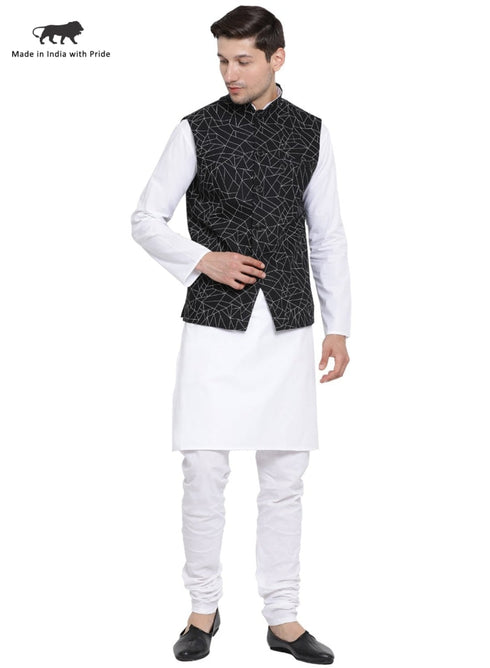 Vastramay Men's White Cotton Blend Kurta, Nehru Jacket and Pyjama Set