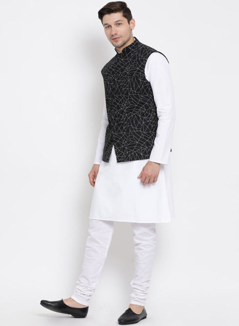 Vastramay Men's White Cotton Blend Kurta, Nehru Jacket and Pyjama Set
