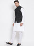 Vastramay Men's White Cotton Blend Kurta, Nehru Jacket and Pyjama Set