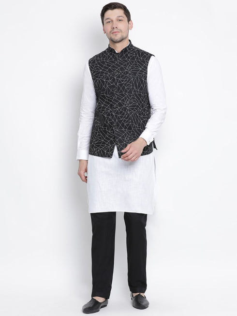 Vastramay Men's White Cotton Blend Kurta, Ethnic Jacket and Pyjama Set