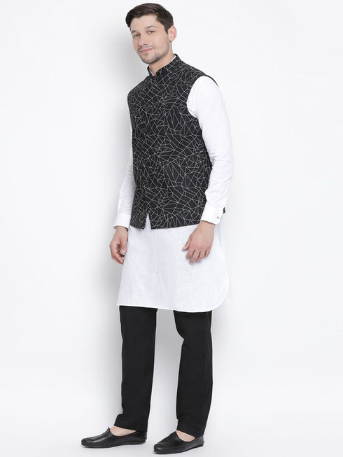 Vastramay Men's White Cotton Blend Kurta, Ethnic Jacket and Pyjama Set